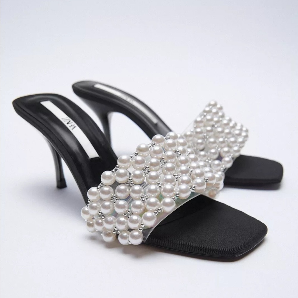 ZARA Pearl Trim Heeled Sandals 7.5/38